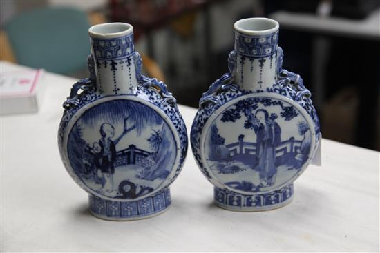 A pair of Chinese blue and white moon flasks, Kangxi four character marks, late 19th century, 20.5cm